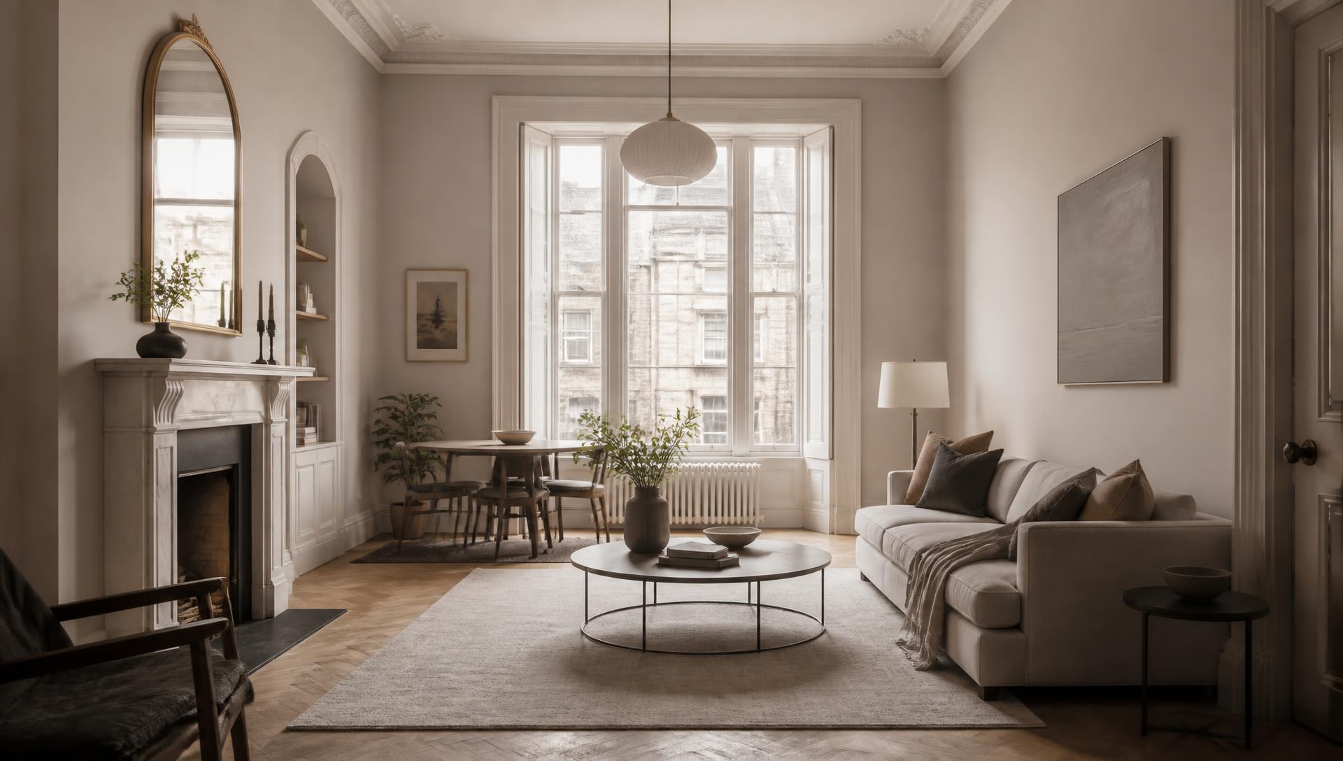 Bright refurbished Edinburgh flat interior with period cornicing and sash windows